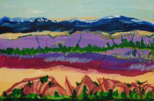 Colorful abstract landscape with mountains, fields, and plants in vibrant hues.