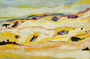 Abstract painting with flowing yellow, purple, and black shapes.
