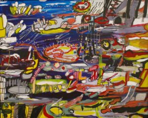 Abstract colorful painting with dynamic shapes and lines.