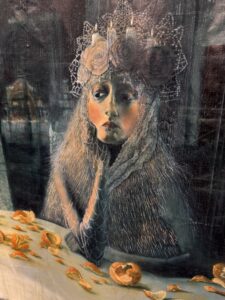 Surreal portrait of a woman with haunting eyes and intricate textures.