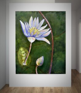A delicate purple water lily with a bud and curved stem against a green background.