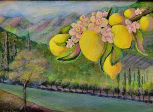 Lemon Blossom Valley Painting: lemons and pink blossoms over landscape