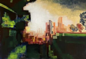 Abstract cityscape with vibrant colors and skyline.
