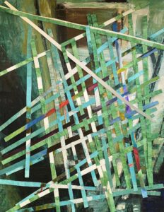 Abstract painting with intersecting green lines.