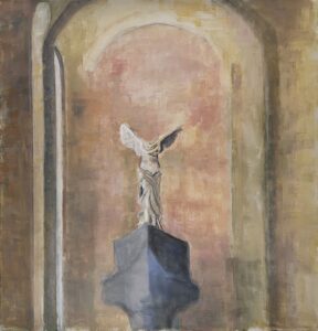 Statue with wings inside an arched alcove.