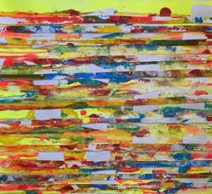 Abstract painting with colorful horizontal stripes.