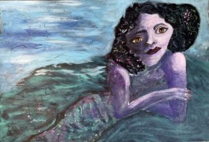 Purple mermaid resting on ocean surface.