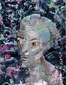 Abstract portrait with vibrant, swirling colors.