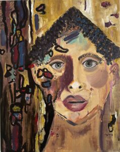 Abstract painting of a face with bold colors.