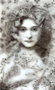 Surreal portrait with hidden human faces illusion.