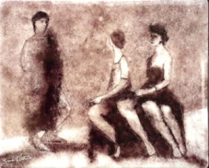 Three abstract figures in brown-toned artwork.