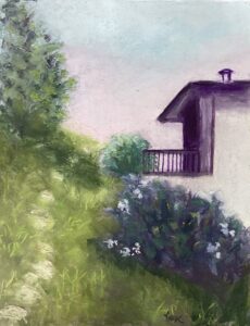 House with garden and flowering bushes.