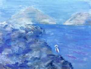 Seascape painting with bird and distant islands.