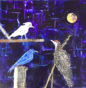 Three colorful birds under a night sky.