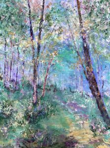 Colorful impressionist painting of a forest scene.