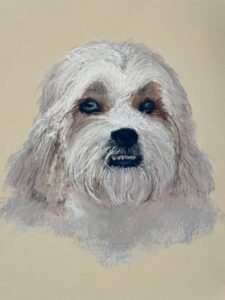 Painting of a fluffy white dog.