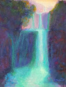 Colorful painting of a serene waterfall scene.