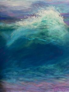 Painting of a large ocean wave forming.