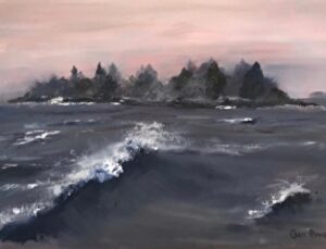 Stormy sea with distant misty trees.