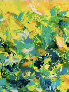 Abstract painting with vibrant green and yellow.