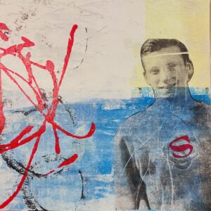 Abstract art with vintage superhero figure.