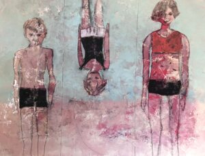 Three abstract figures painted with textured backgrounds.