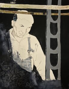 Drawing of a man with abstract elements.