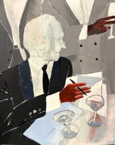 Abstract painting of people with drinks.