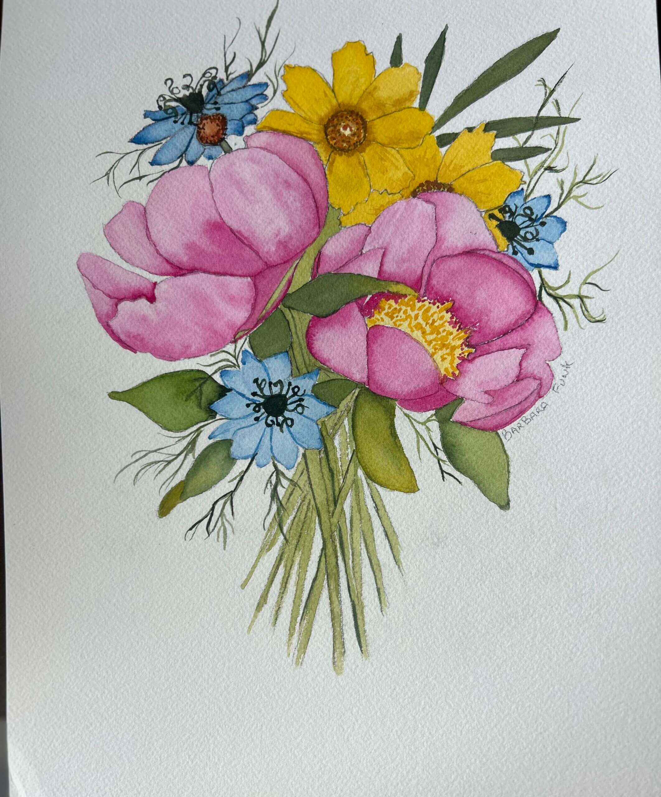 Watercolor bouquet of pink, blue, yellow flowers.