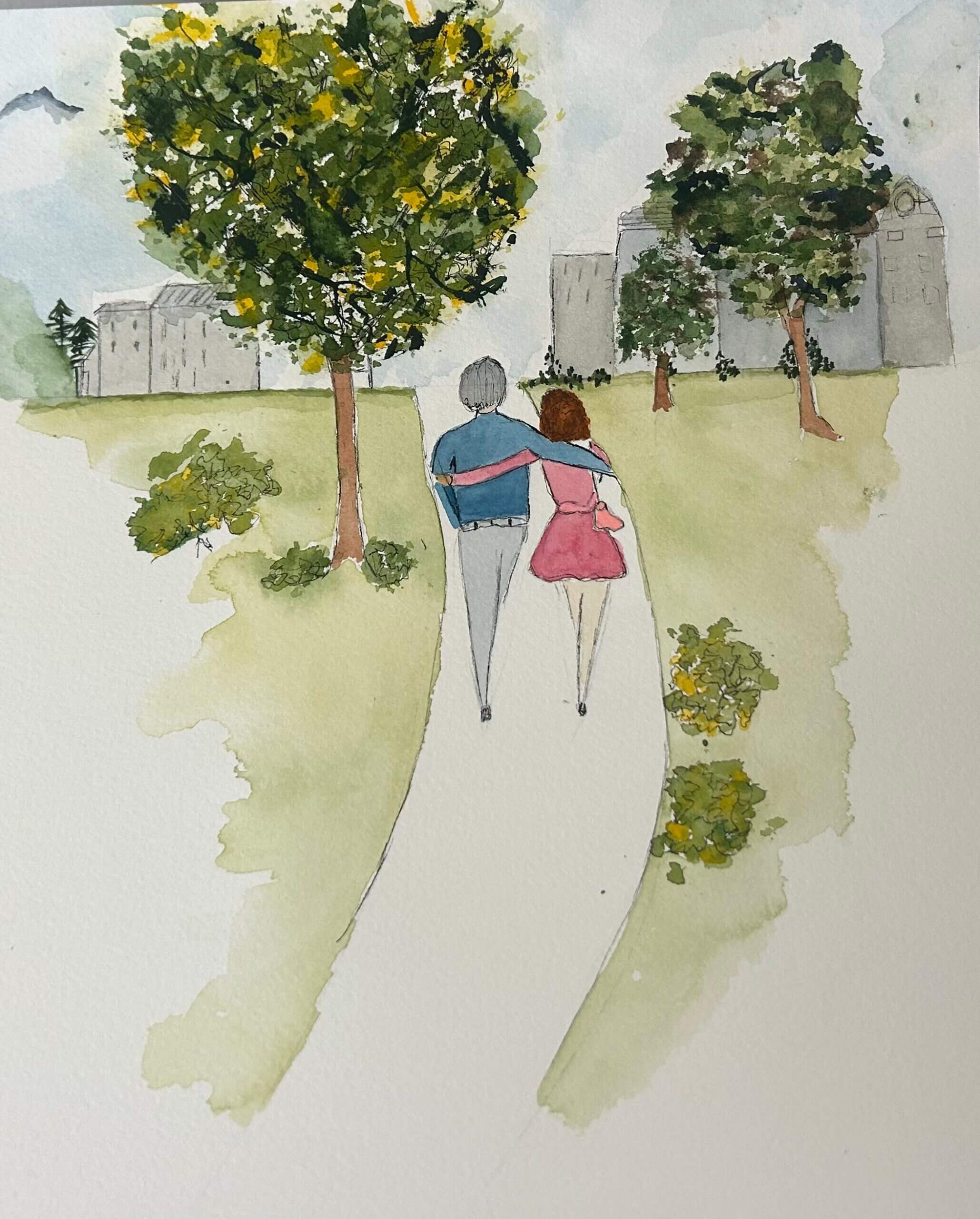 Couple walking on path in park painting.