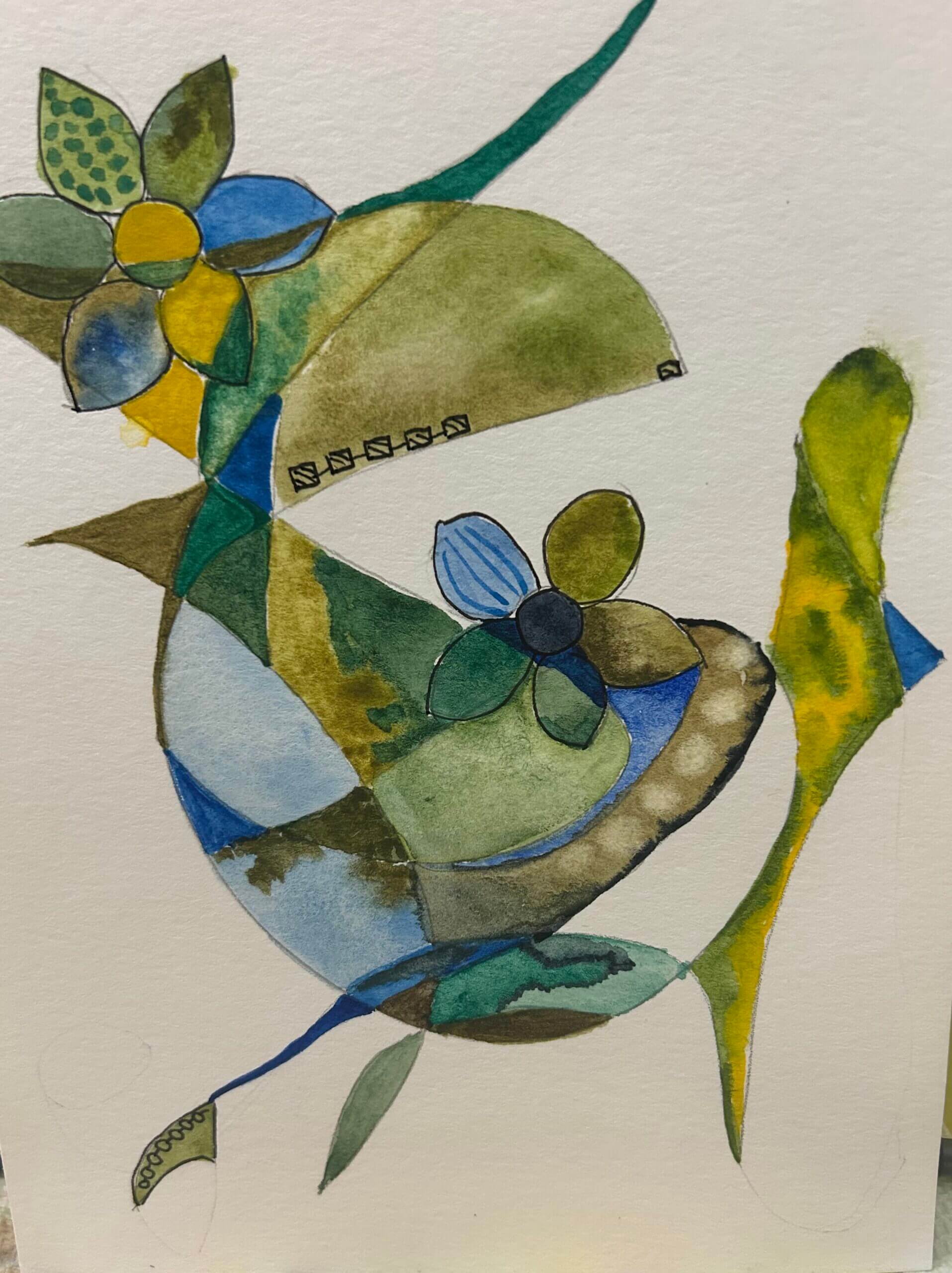 Abstract watercolor with flowers and geometric shapes.