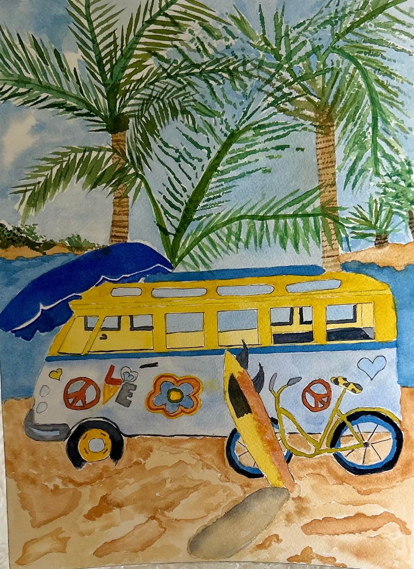 Colorful van and bicycle on tropical beach.