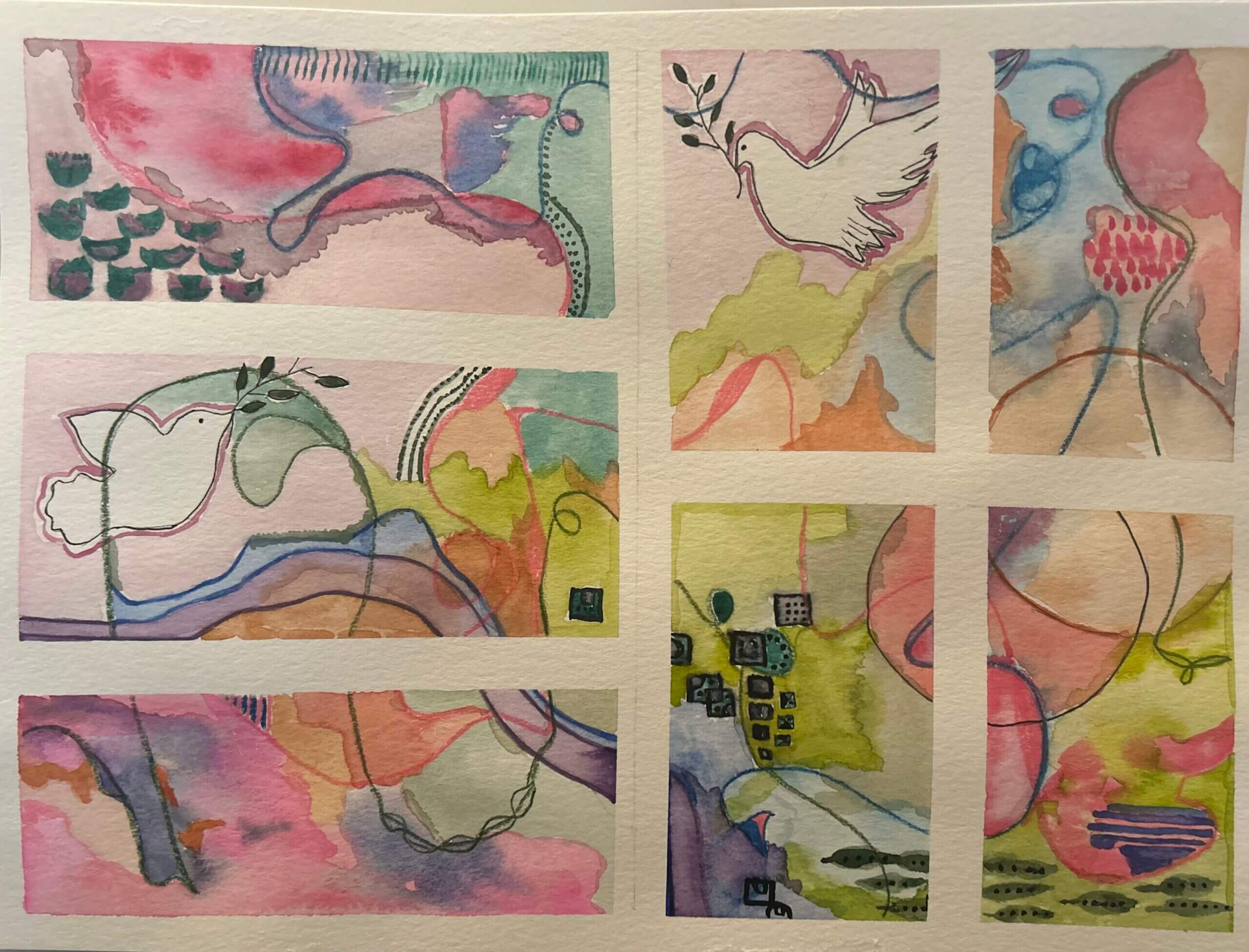 Abstract watercolor with doves and nature motifs.