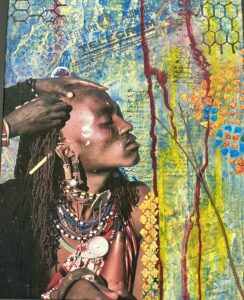 Person with colorful background and intricate accessories.