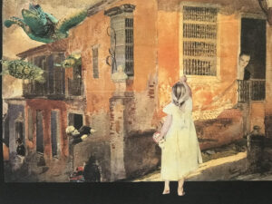 Surreal scene with girl and flying creatures.