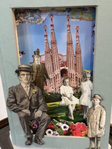 Vintage collage with people and cathedral backdrop.