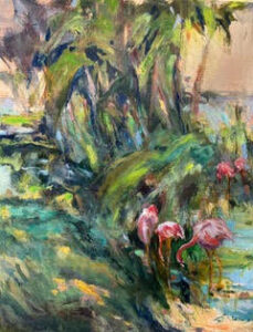 Painting of flamingos in lush greenery.