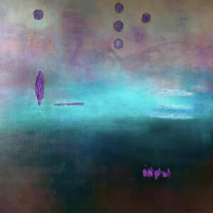 Abstract painting with purple and teal elements.