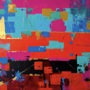 Abstract colorful geometric pattern with bold shapes.