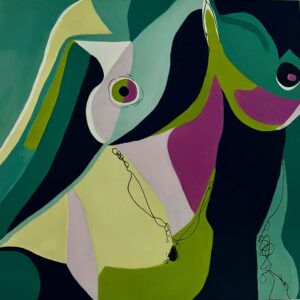 Abstract shapes in green and purple tones.