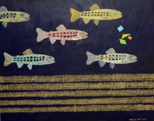 Colorful fish swimming with geometric shapes.