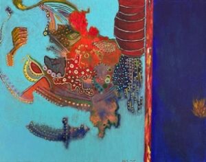 Abstract colorful shapes on a divided canvas.