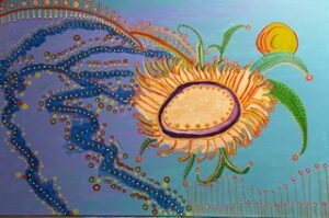 Colorful abstract painting of a sunflower.