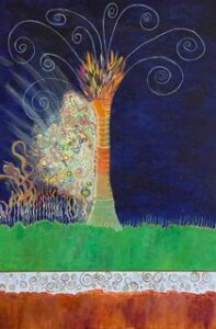 Abstract tree with swirling branches, colorful background.