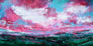 Vibrant abstract landscape with pink clouds.