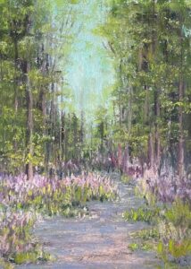 Forest path with wildflowers and trees.