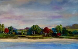 Landscape painting with colorful trees and water.