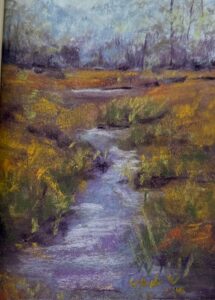 Pastel landscape with stream and trees.